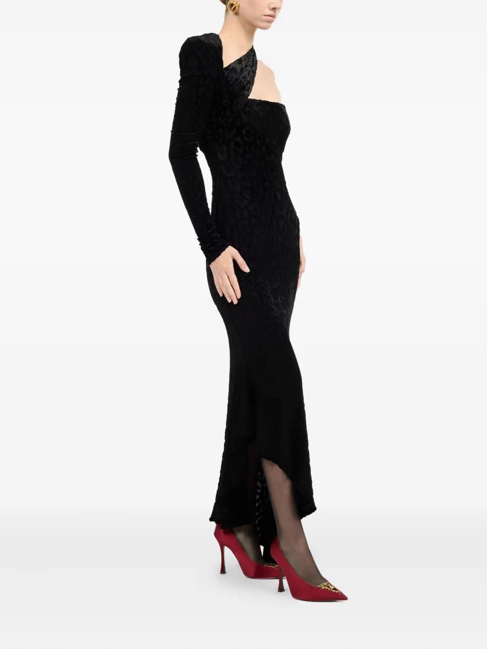 Roberto Cavalli Asymmetrical Black Dress With Jaguar Skin Pattern In Black