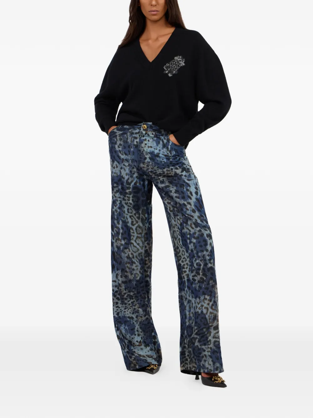 Roberto Cavalli Trui met V-hals en lange mouwen Zwart