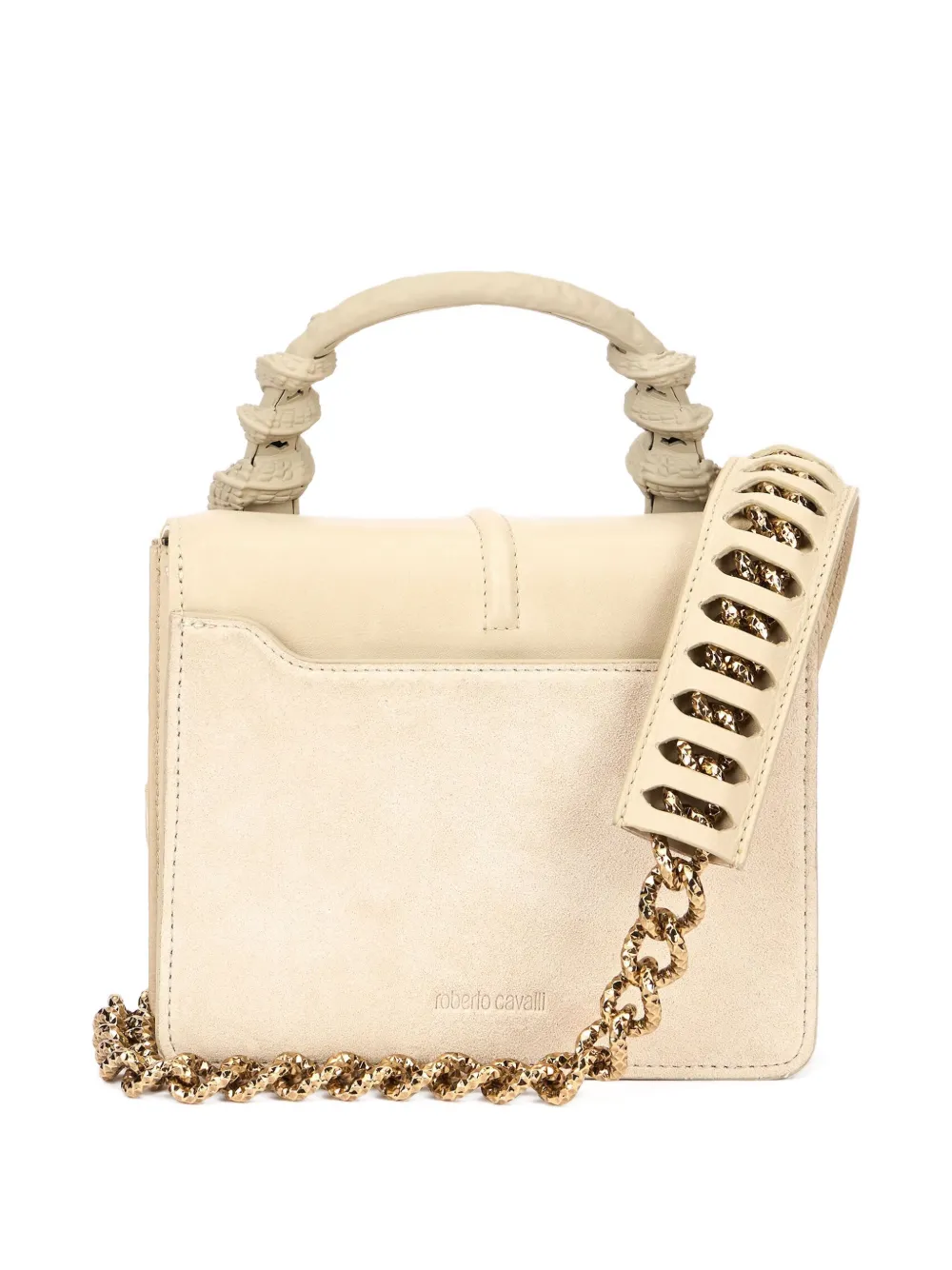 Roberto Cavalli Schoudertas verfraaid met slang en kettingband Beige
