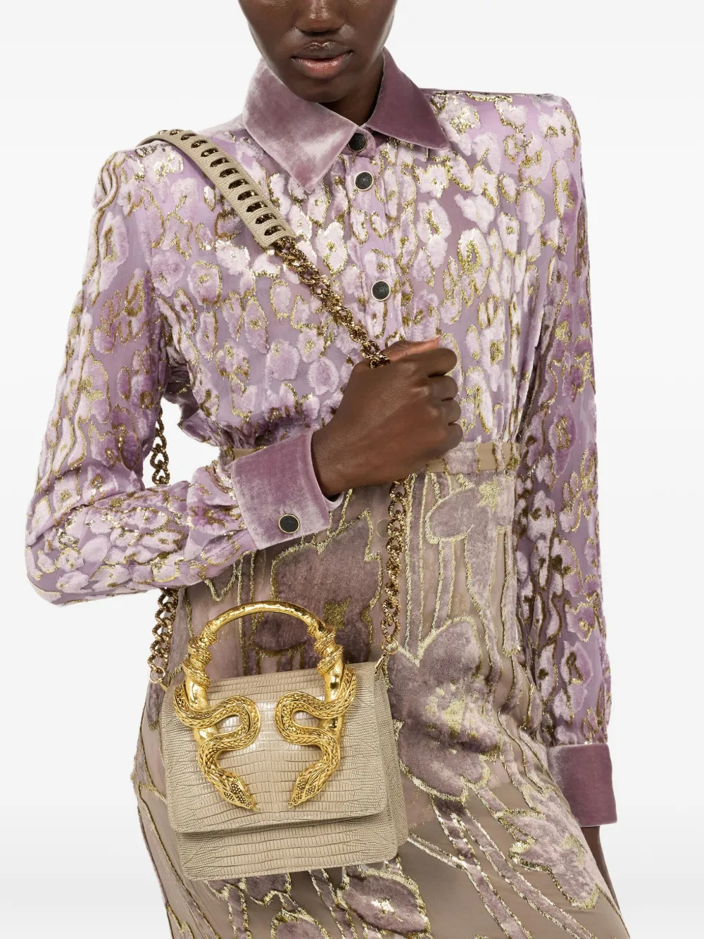 Roberto Cavalli Schoudertas verfraaid met slangen en slangen-effect - Beige