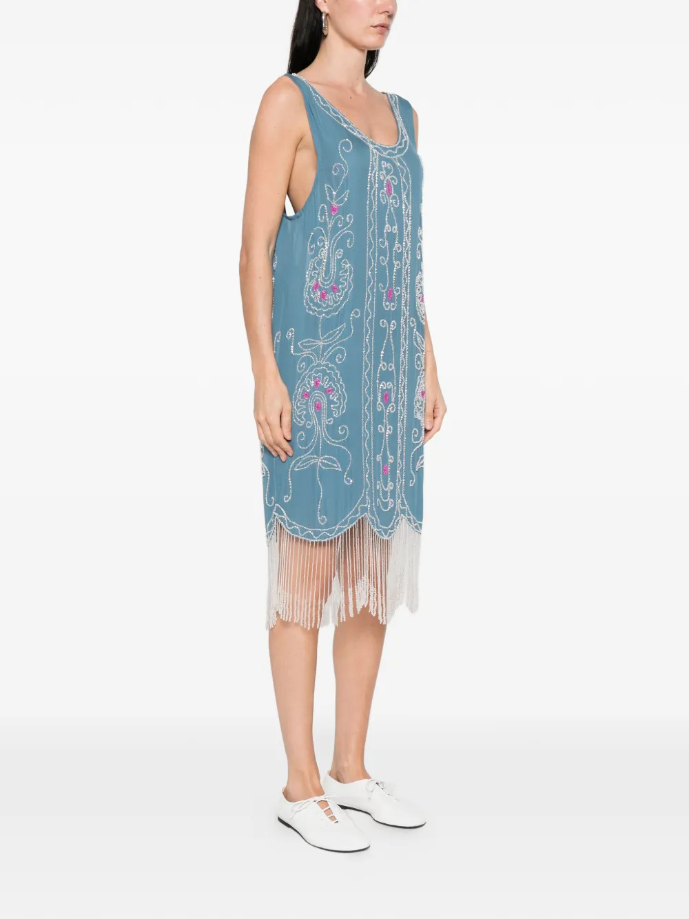  Bode Vestido Midi Con Detalle De Cuentas - Azul 