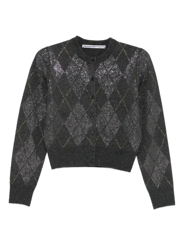 Alexander Wang Crystal-embellished Argyle Cardigan in Grey