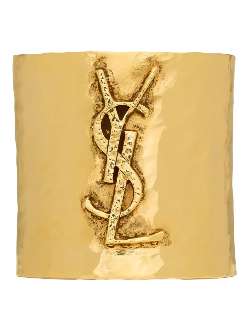 Saint Laurent Cassandre-logo Hammered Cuff Bracelet In Silver