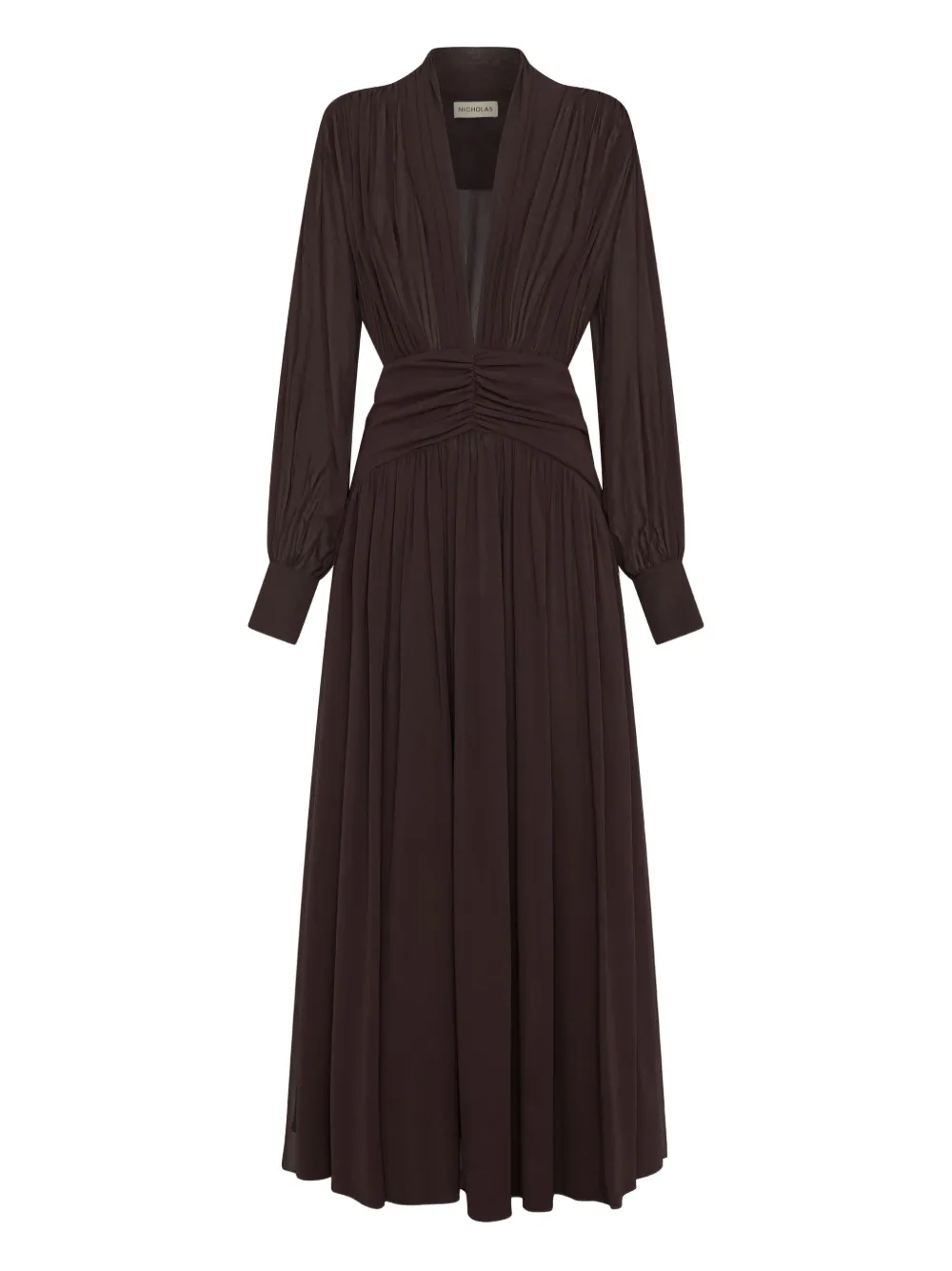 Nicholas Jocelyn V-neck Gathered Maxi Dress In Brown