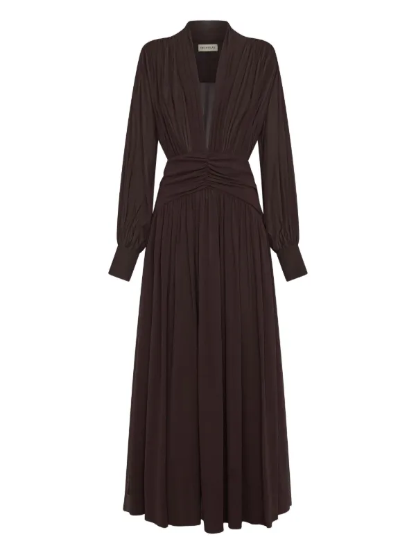 jocelyn butterfly maxi dress in brown Nicholas V-neck Gathered | exterior trim shine