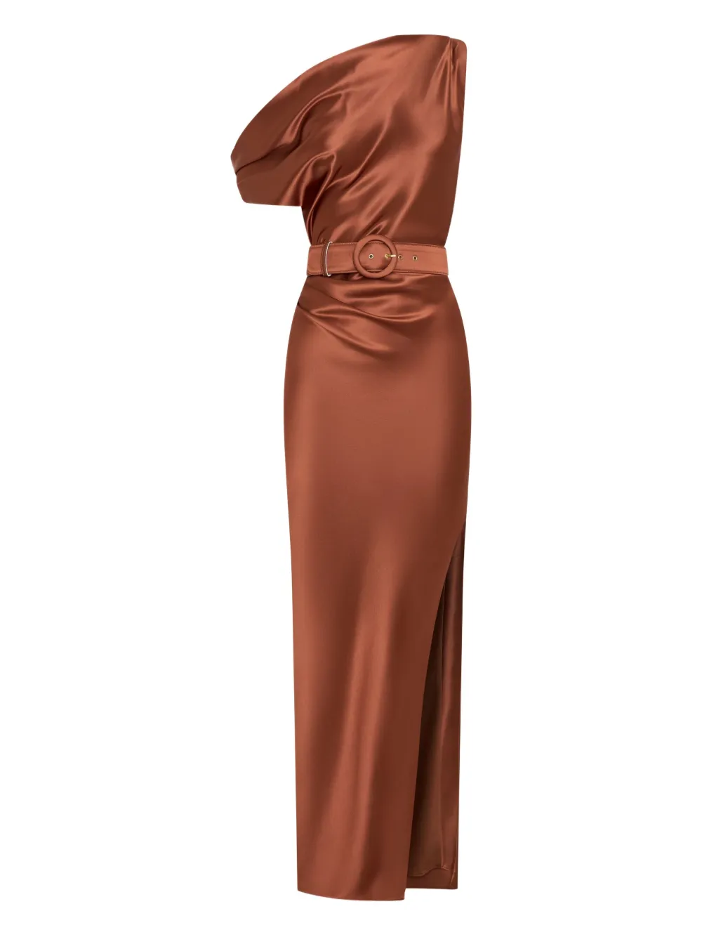 Nicholas One-shoulder Belted-waist Maxi Dress In Brown