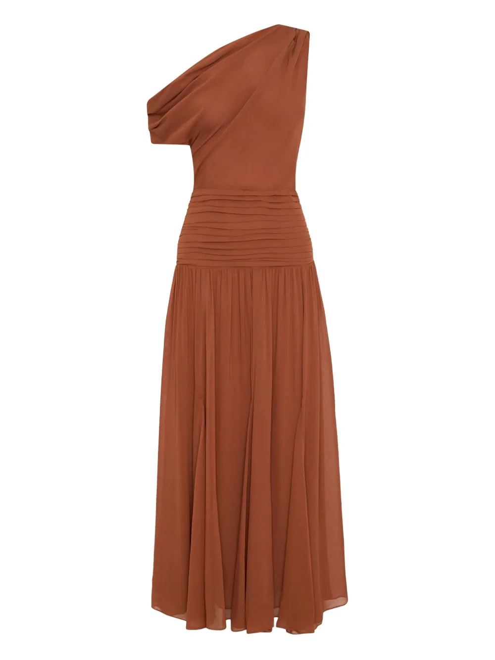 Nicholas Reece One-shoulder Pleated Midi Dress In Brown