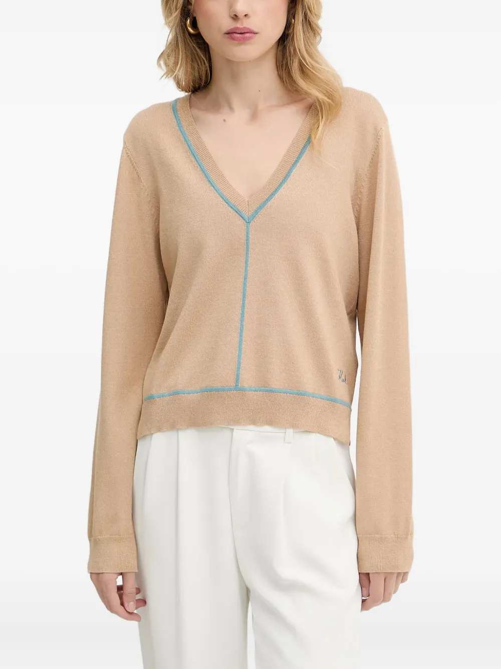 Karl Lagerfeld Trui met geborduurd logo en V-hals Beige