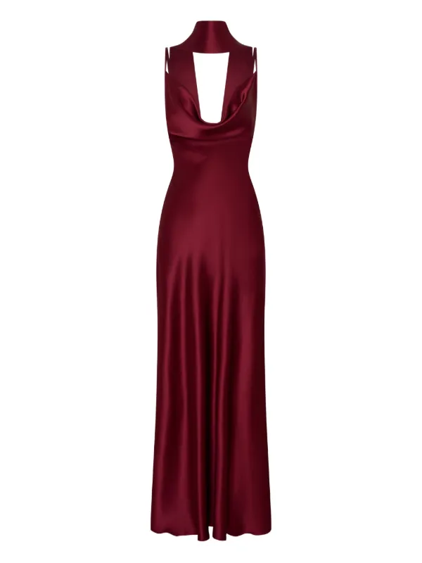burgundy batwing dress Burgundy Satin Cowl Neck Draped Maxi Dress main image 1