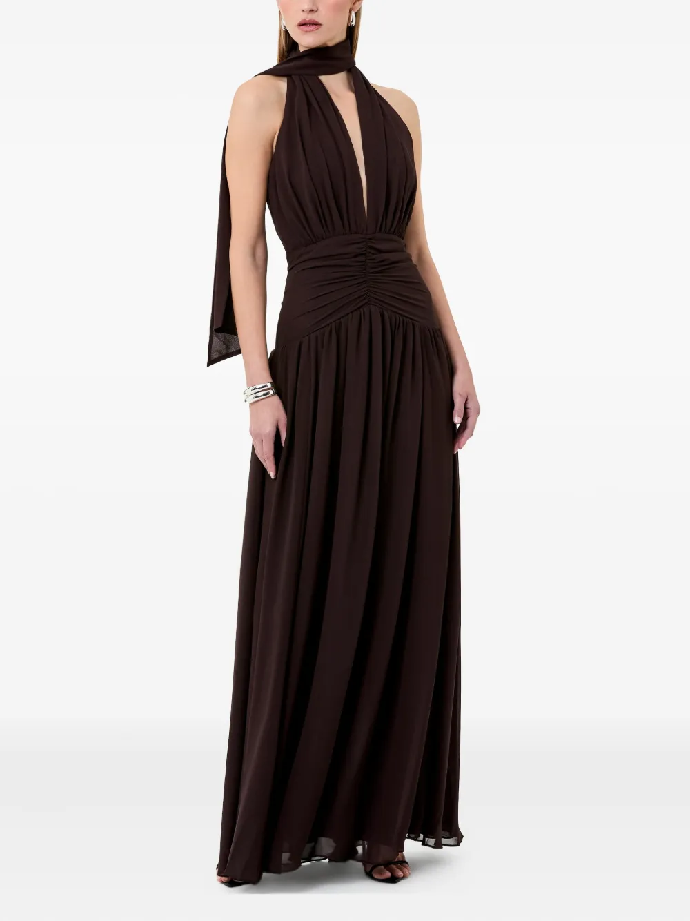 Nicholas Arella gesmockte maxi-jurk met halternek MOCHA