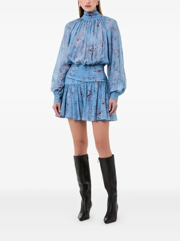 high neck blue floral dress Girls Textured Floral Dress