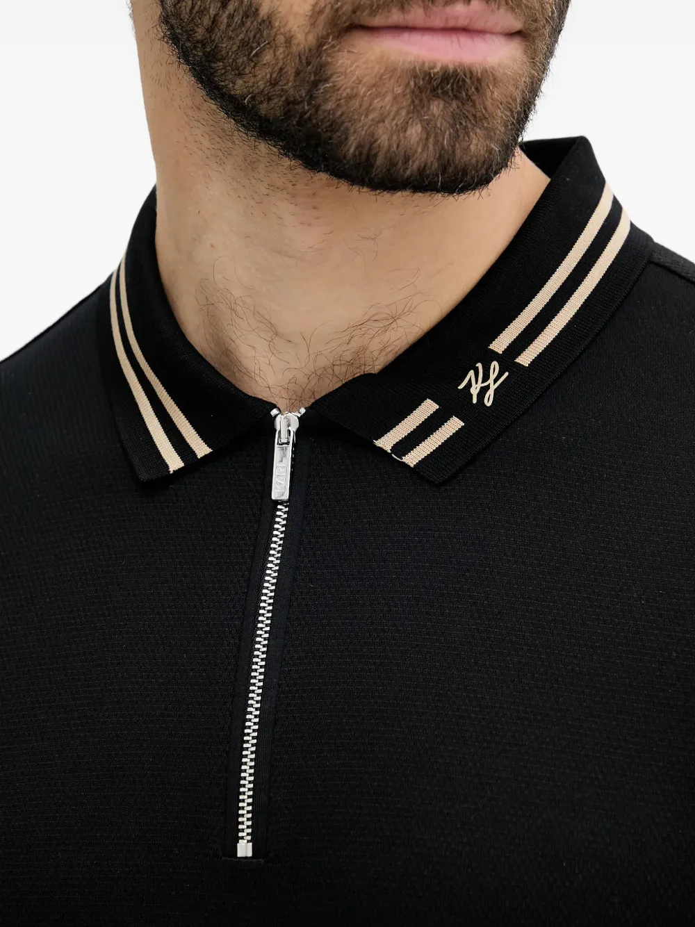 Karl Lagerfeld Zip Striped-collar Polo Shirt In Black