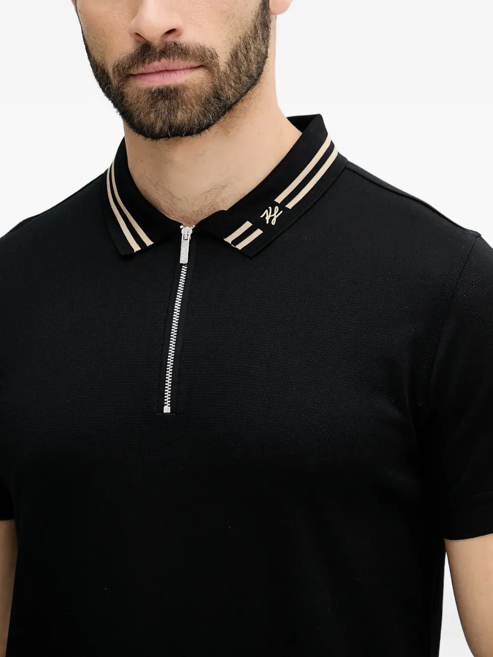 Karl Lagerfeld Zip Striped-collar Polo Shirt In Black