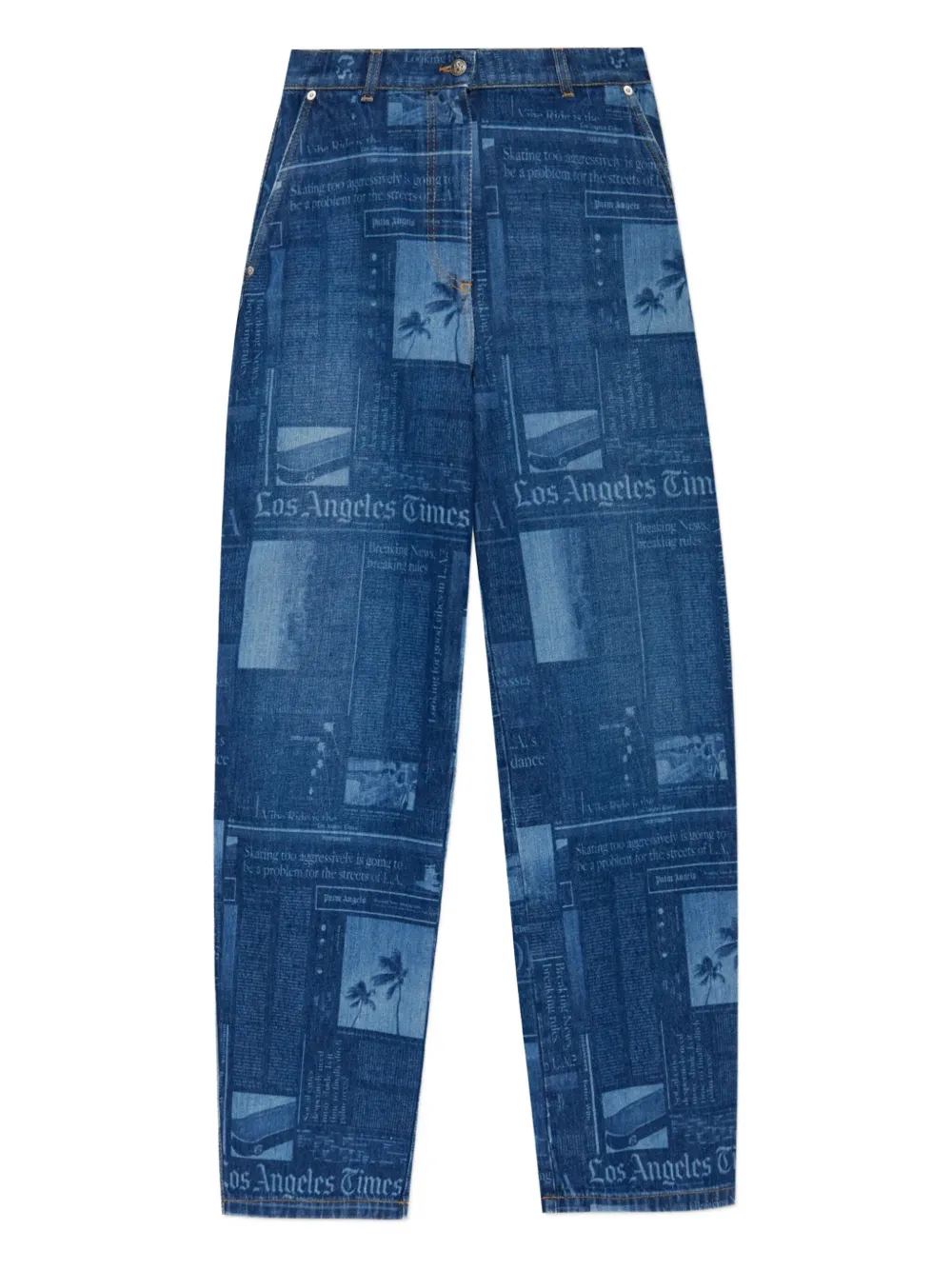 Palm Angels newspaper-print cotton jeans Blauw