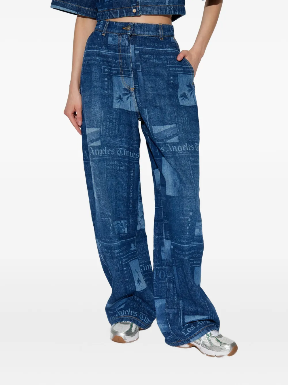 Palm Angels newspaper-print cotton jeans Blauw