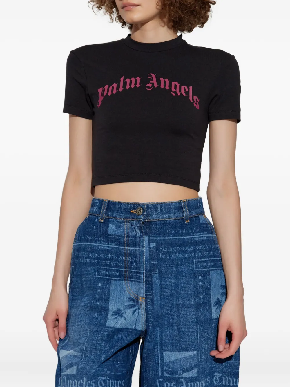 Palm Angels logo-print cropped T-shirt Zwart
