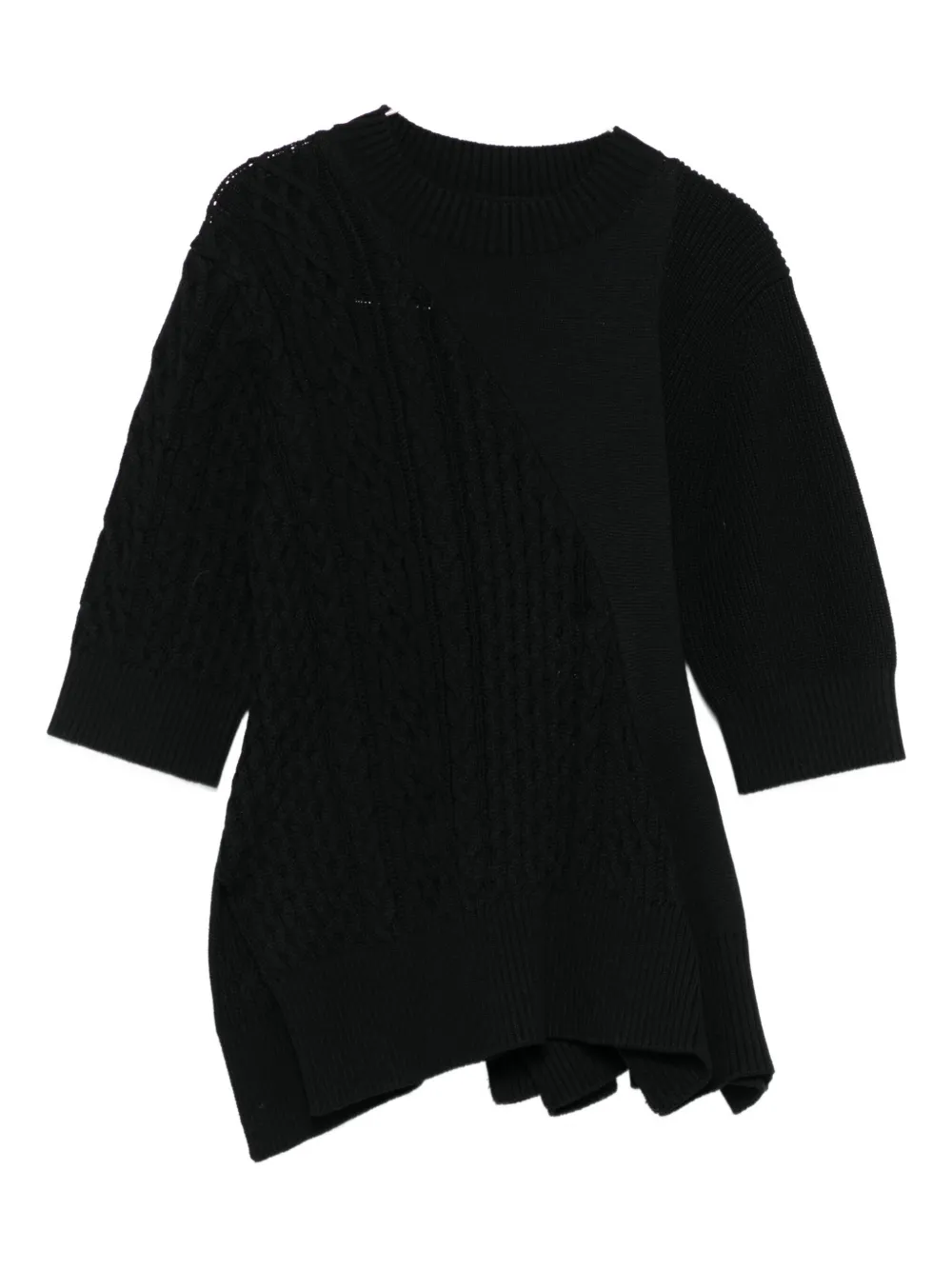 Sacai Textured Cable Knit Sweater With Asymmetric Hem In Black