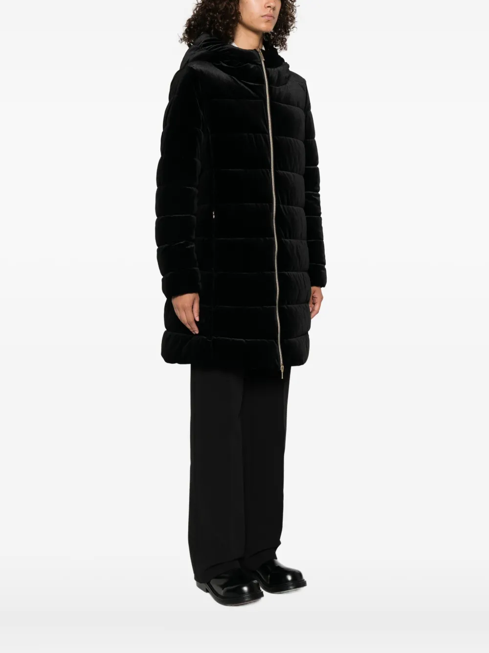 Geox Quilted Velvet Hooded Coat In Black