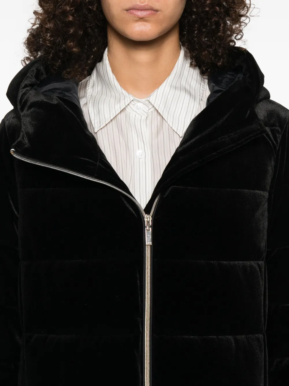 Geox Quilted Velvet Hooded Coat In Black