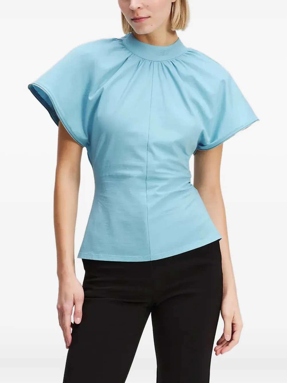 high-neck flared-sleeve blouse