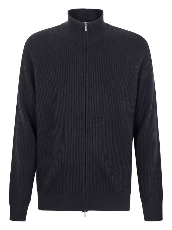 Barba Ribbed Zip-up Cardigan in Black
