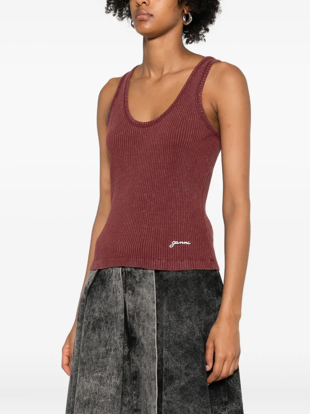 Ganni Ribbed Scoop-neck Tank Top In Brown