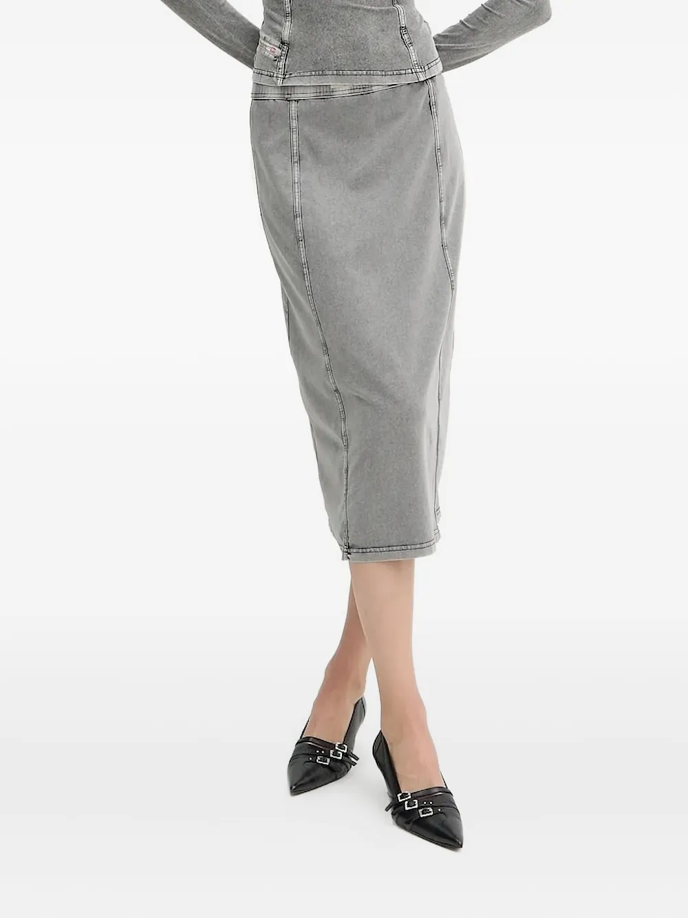 Diesel Acid-wash Midi Straight Skirt In Gray