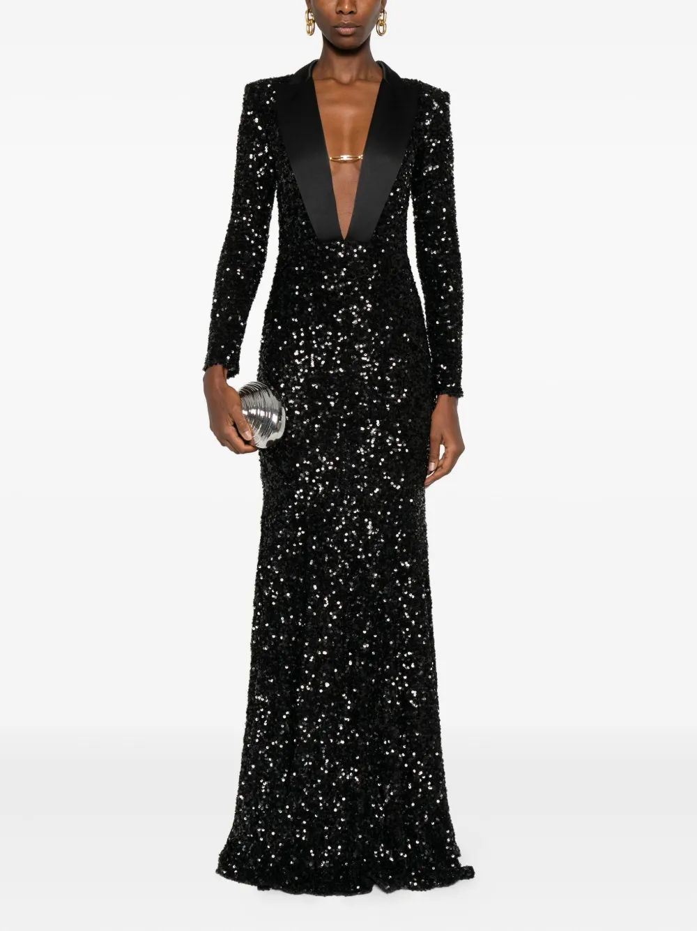 Elisabetta Franchi sequin-embellished lapel maxi dress Zwart