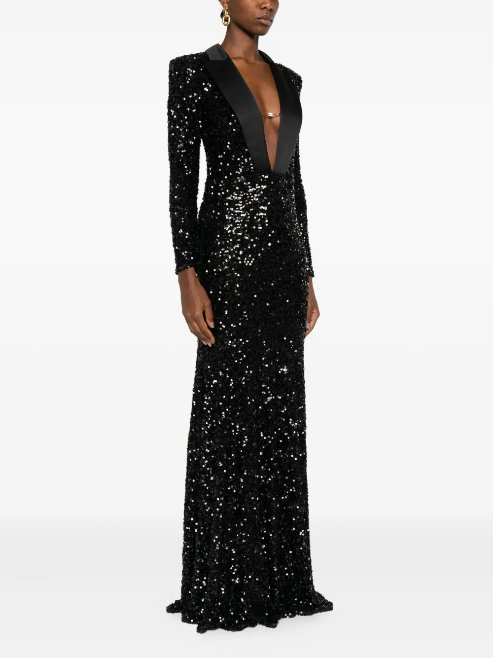 Elisabetta Franchi sequin-embellished lapel maxi dress Zwart