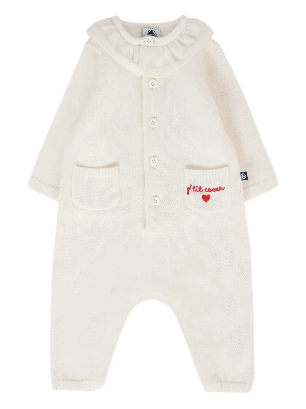 Petit Bateau "P´tit Coeur" ruffled-collar knitted romper - ニュートラル Petit Bateau "P´tit Coeur" ruffled-collar knitted romper - ニュートラル