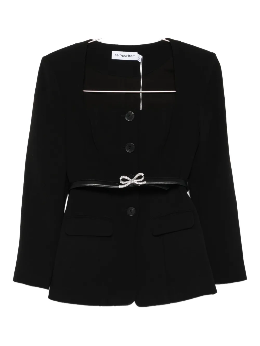 Self-portrait Bow-embellished Belted Jacket In Black