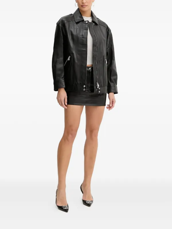 (S)PINKO ピンコ レザージャケット　ネイビー　レディース　本革 PINKO Leather Jacket | Black | FARFETCH