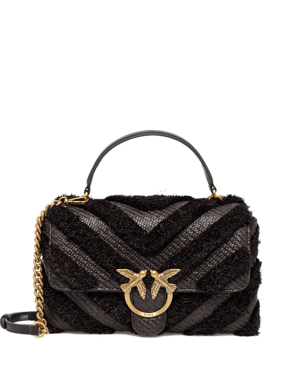 Pinko Logo-plaque Raffia Satchel Bag In Black