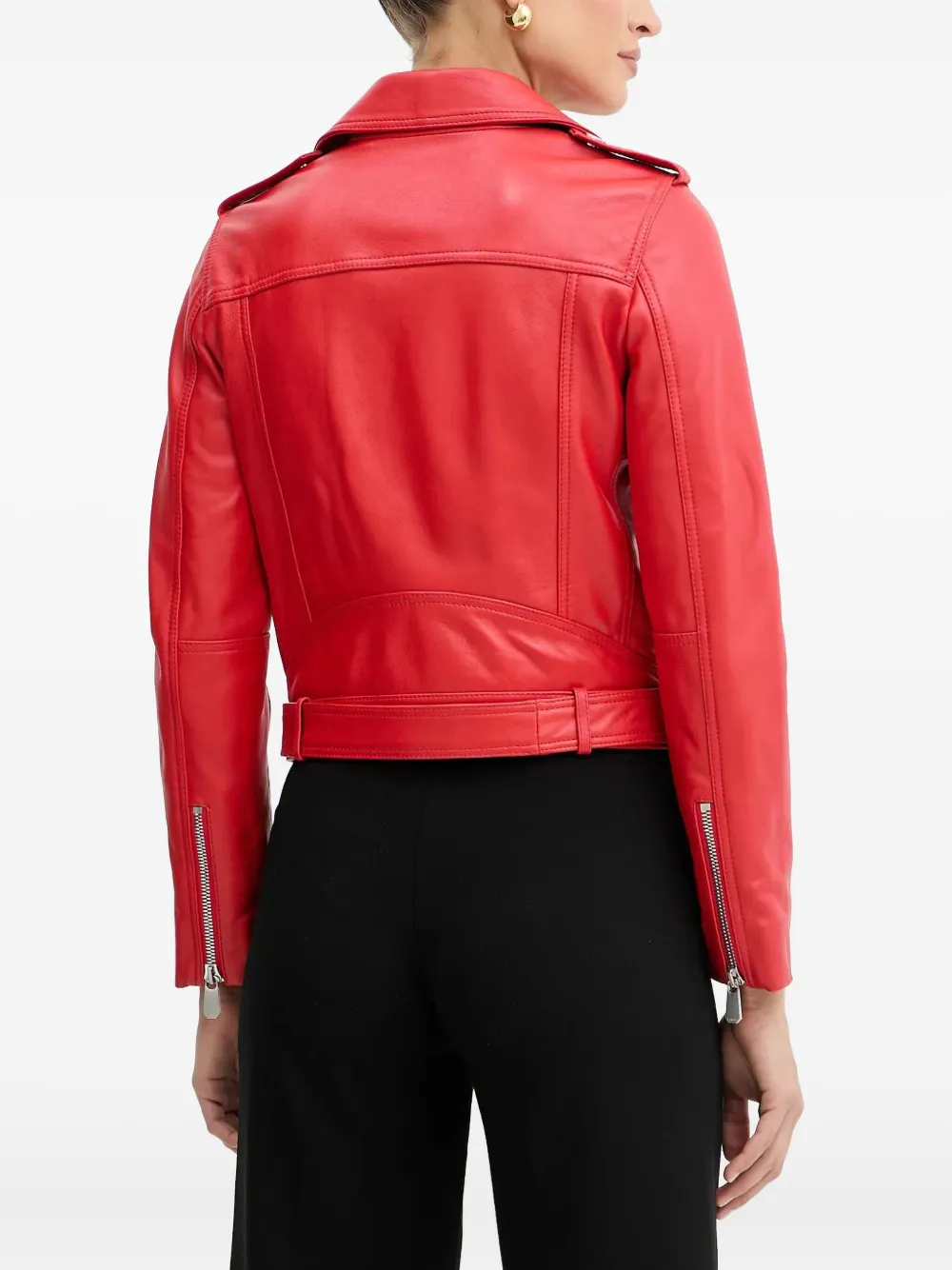 Pinko Belted Zip-front Leather Biker Jacket In Red