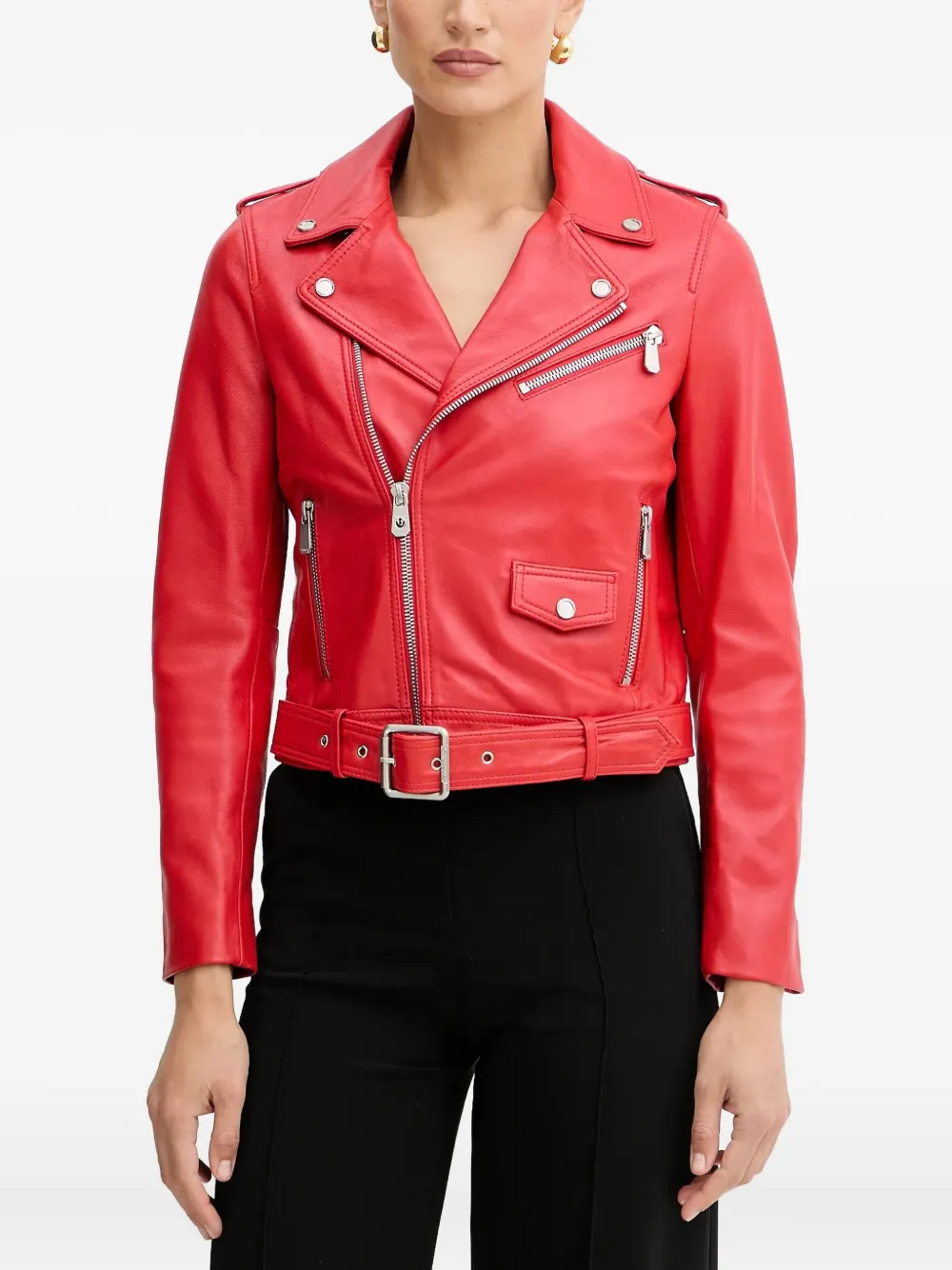 PINKO belted zip-front leather biker jacket | Red | Image 1