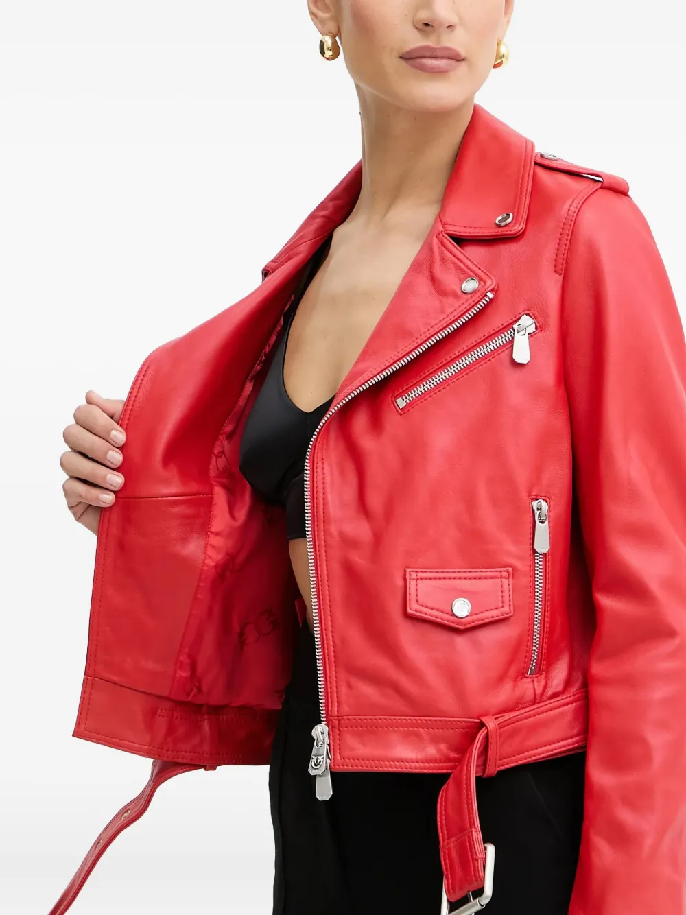 Pinko Belted Zip-front Leather Biker Jacket In Red