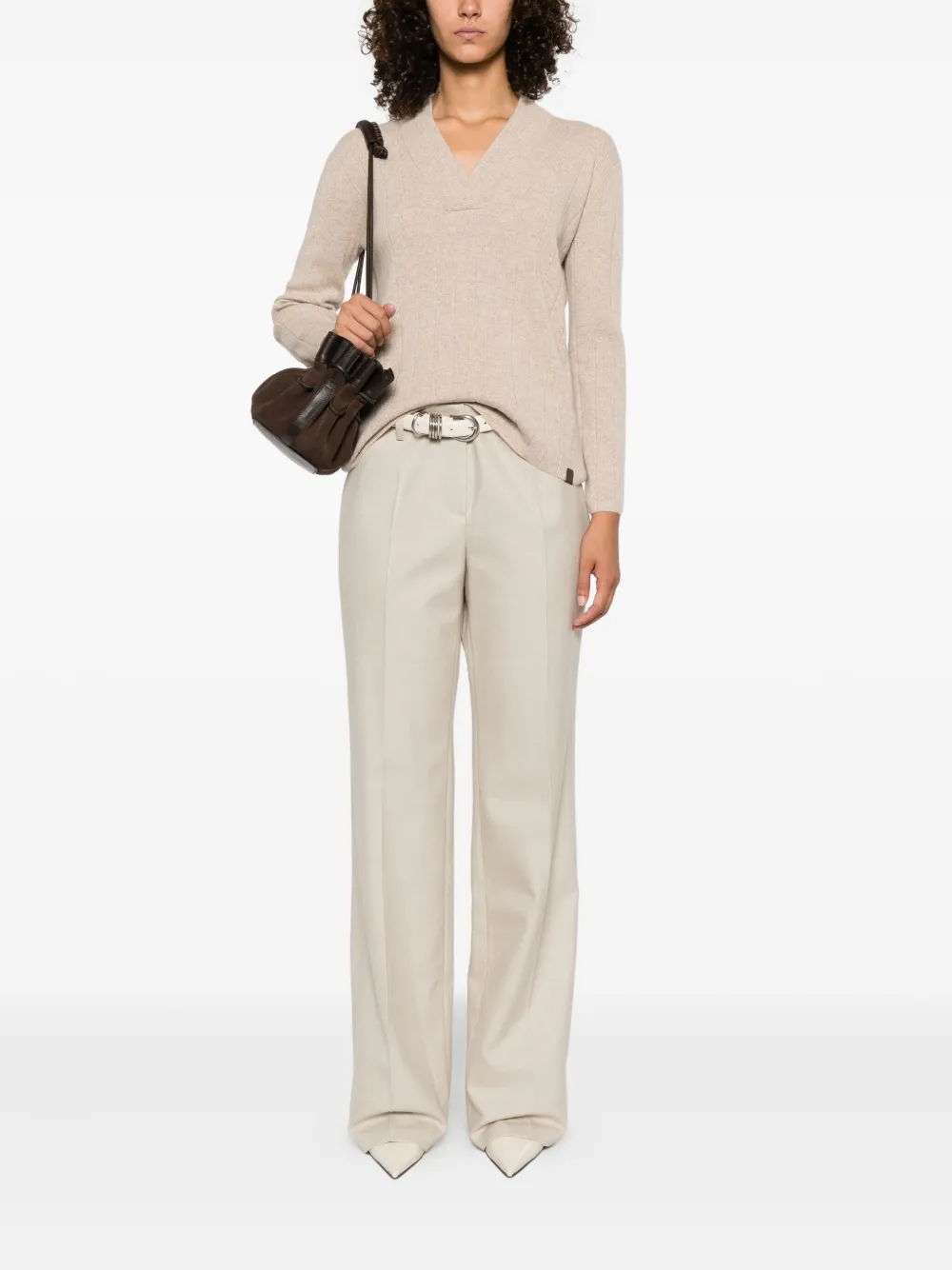 Max Mara Arten geribbelde trui met V-hals Beige