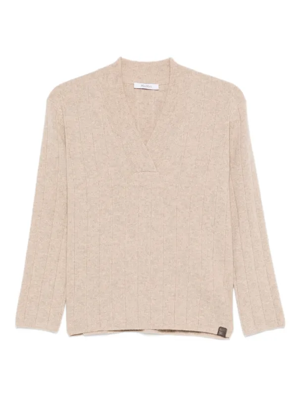 Max Mara Arten Ribbed V-neck Jumper in Neutrals