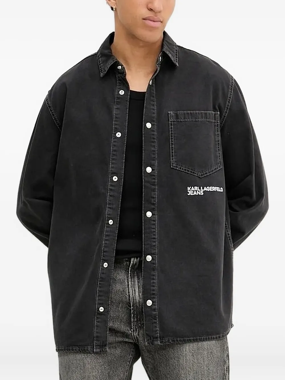 Karl Lagerfeld Jeans embroidered-pocket denim overshirt Zwart