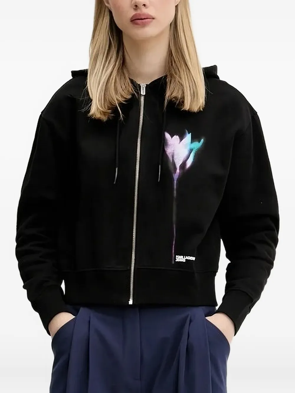 Karl Lagerfeld Jeans flower-print zip-up hoodie Zwart