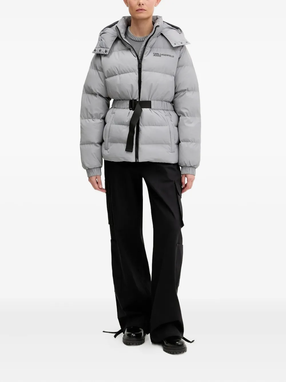 Karl Lagerfeld Jeans Hooded Belted Puffer Jacket In Gray