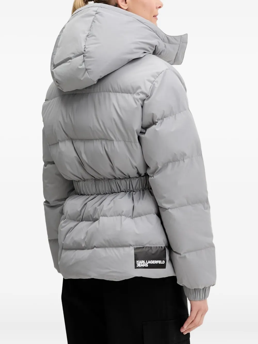 Karl Lagerfeld Jeans Hooded Belted Puffer Jacket In Gray
