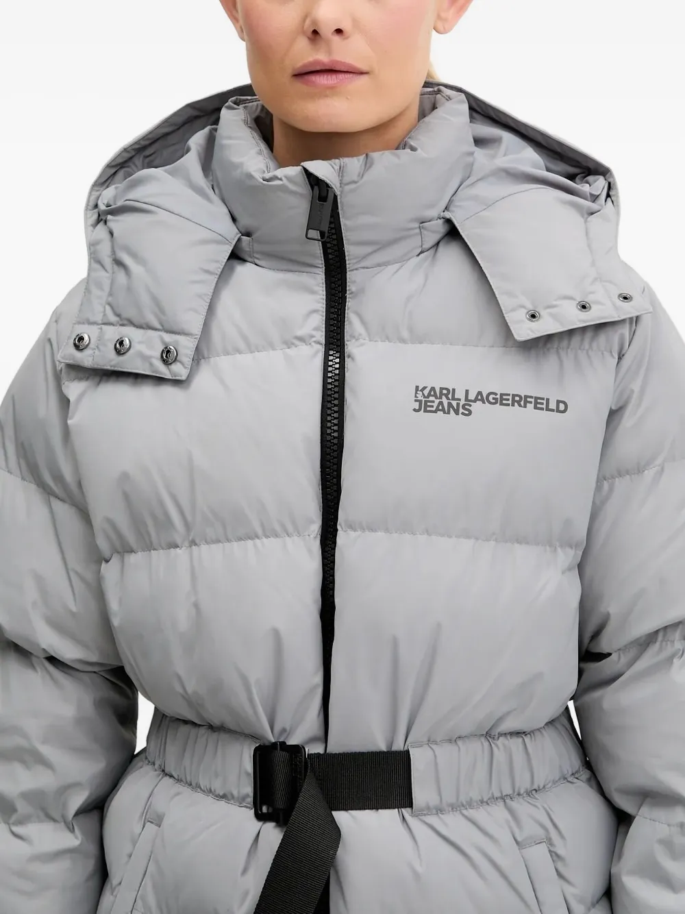 Karl Lagerfeld Jeans Hooded Belted Puffer Jacket In Gray
