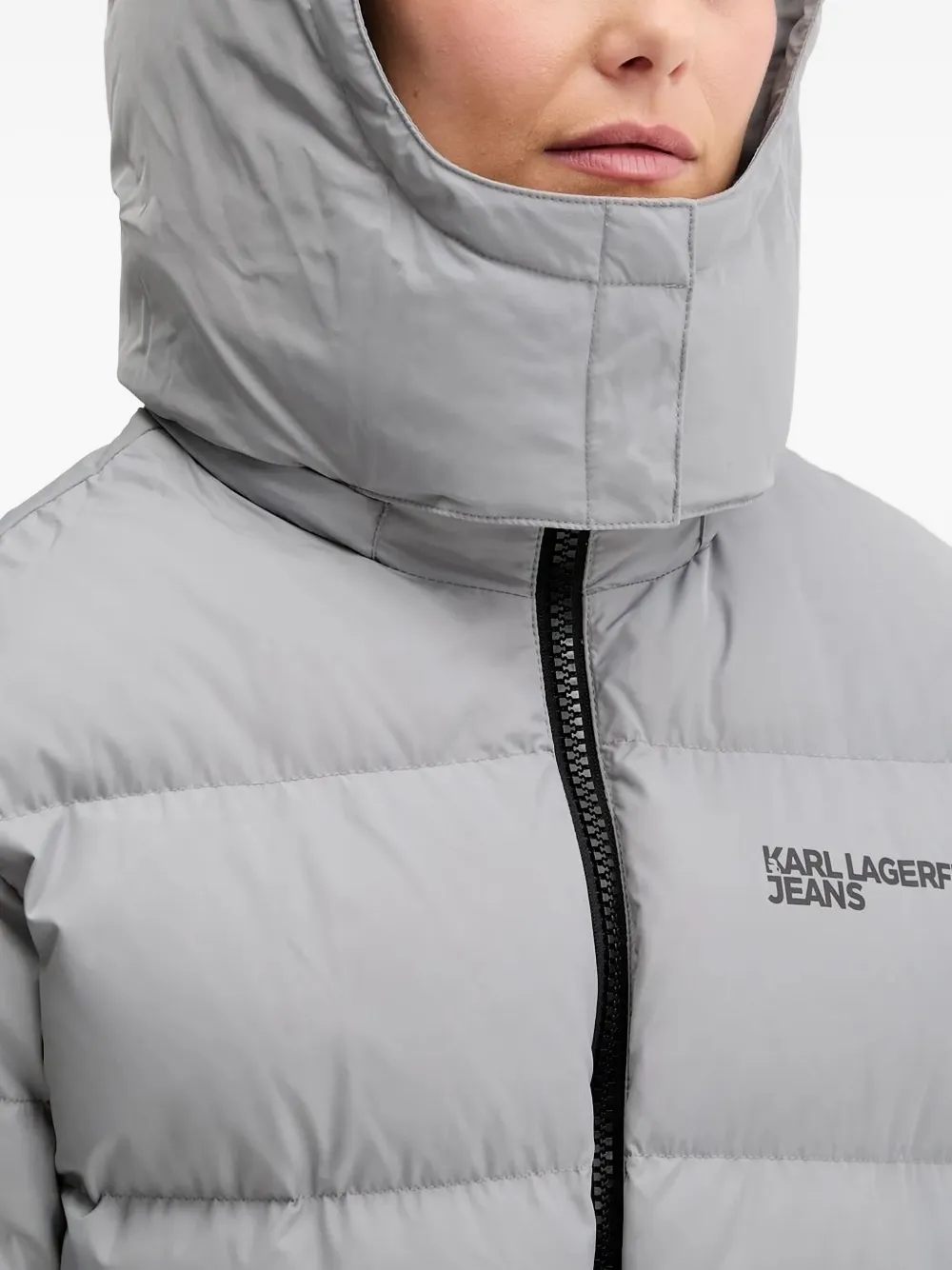Karl Lagerfeld Jeans Hooded Belted Puffer Jacket In Gray