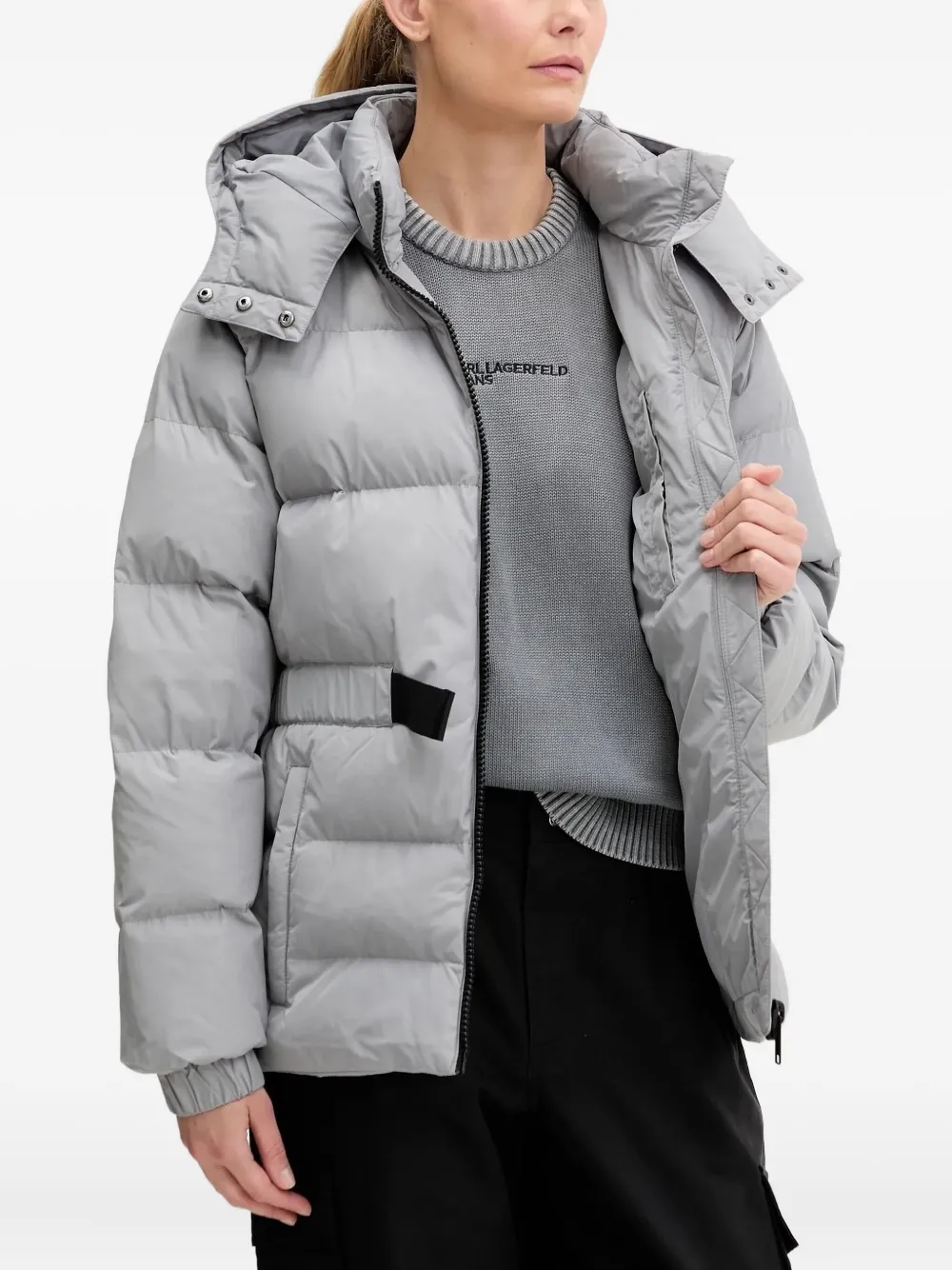 Karl Lagerfeld Jeans Hooded Belted Puffer Jacket In Gray