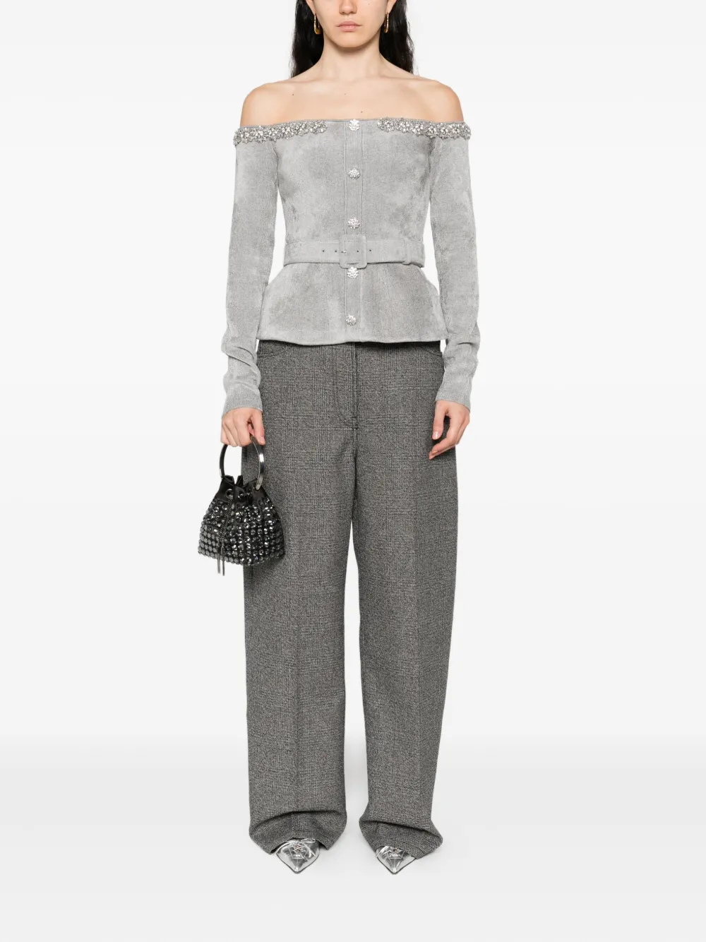 Self-Portrait embellished belted top - Grijs