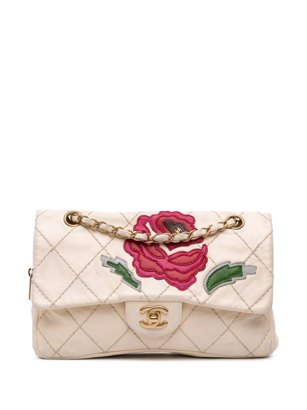 CHANEL Pre-Owned 2003-2004 Medium Quilted Lambskin Rose Applique Wild CHANEL Pre-Owned 2003-2004 Medium Quilted Lambskin Rose Applique Wild