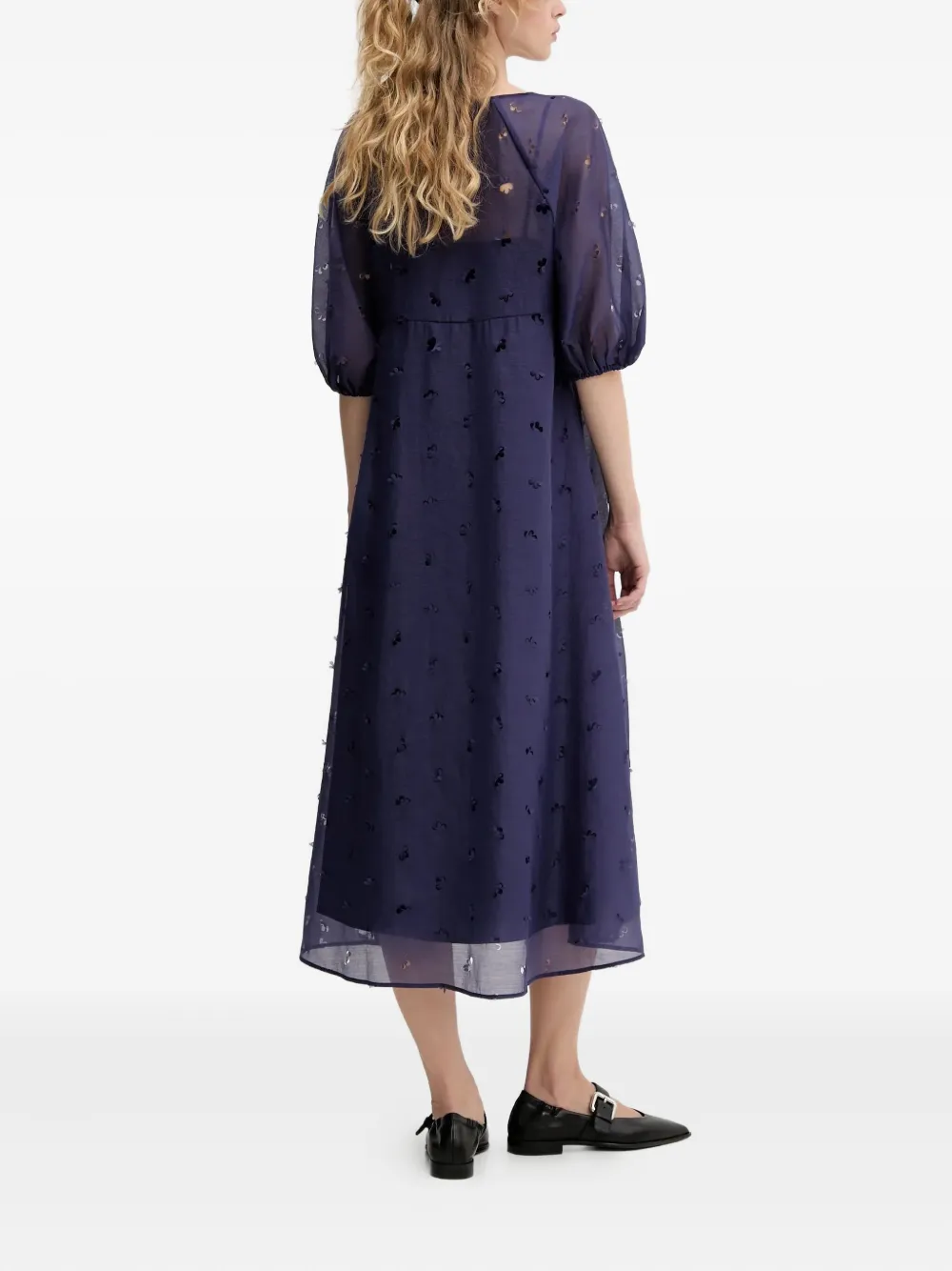 Stine Goya puff-sleeve floral-cut midi dress - Blauw
