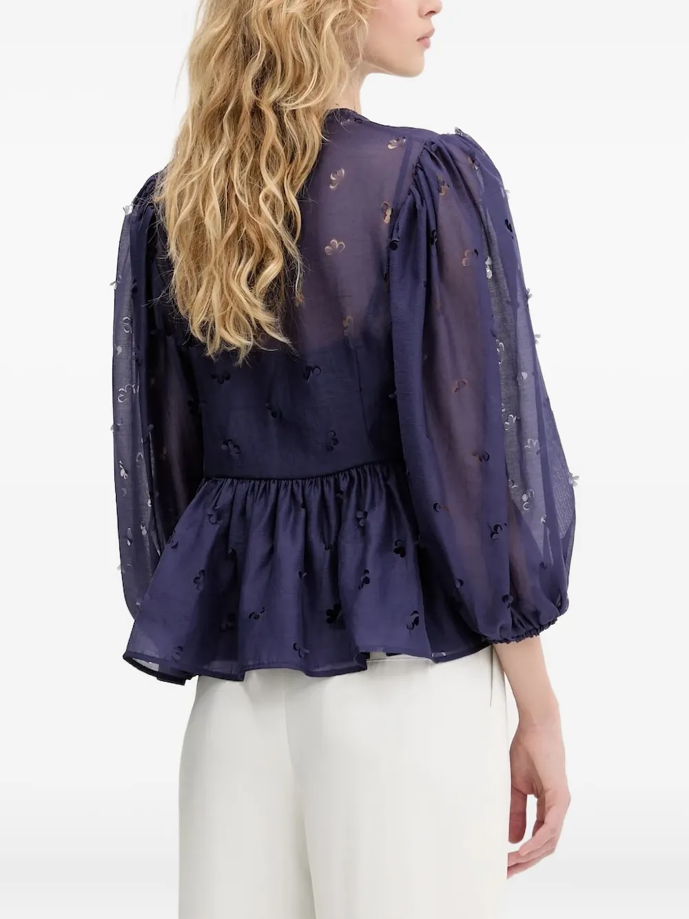 Stine Goya Blouse verfraaid met bloemen en gestrikte hals - Blauw