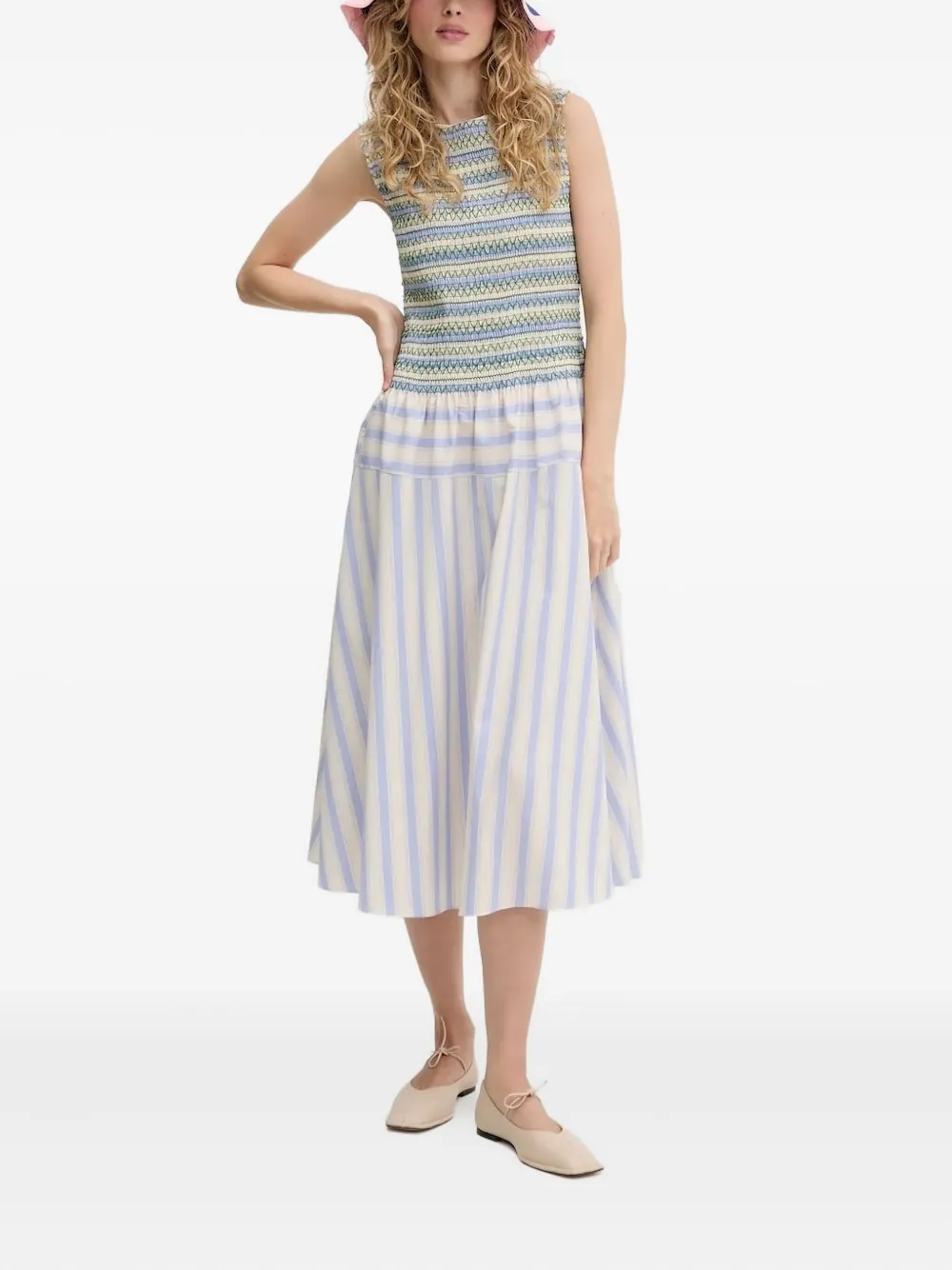 Stine Goya smocked striped midi dress Veelkleurig